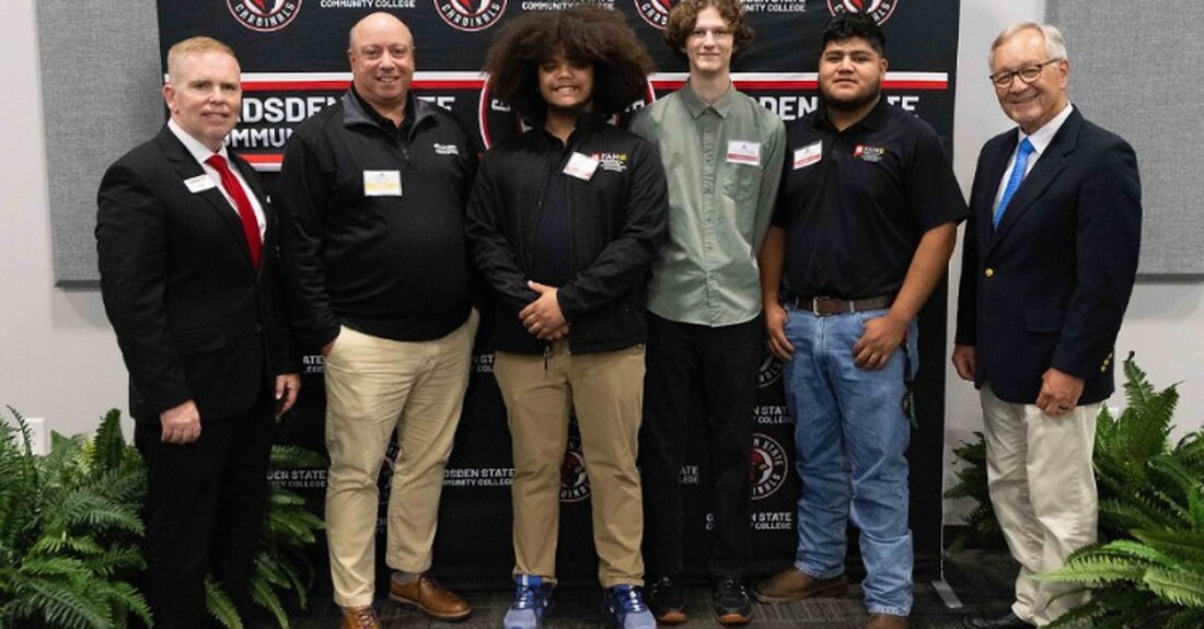 Left to right: Gadsden State Community College President Alan Smith, Anniston Operations HR Director Robert Haynes, student Bryant McCarney (Oxford, Industrial Automation Technology), student Benjamin Brady (Oxford, Industrial Automation Technology), student Gael Chino (Oxford, Industrial Automation Technology), President of the Cardinal Foundation Major General Eric Crabtree